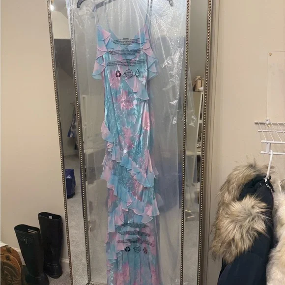 LoveShackFancy Rialto Ruffle Floral Silk-Blend Dress in Cotton Candy Swirl - Picture 4 of 4